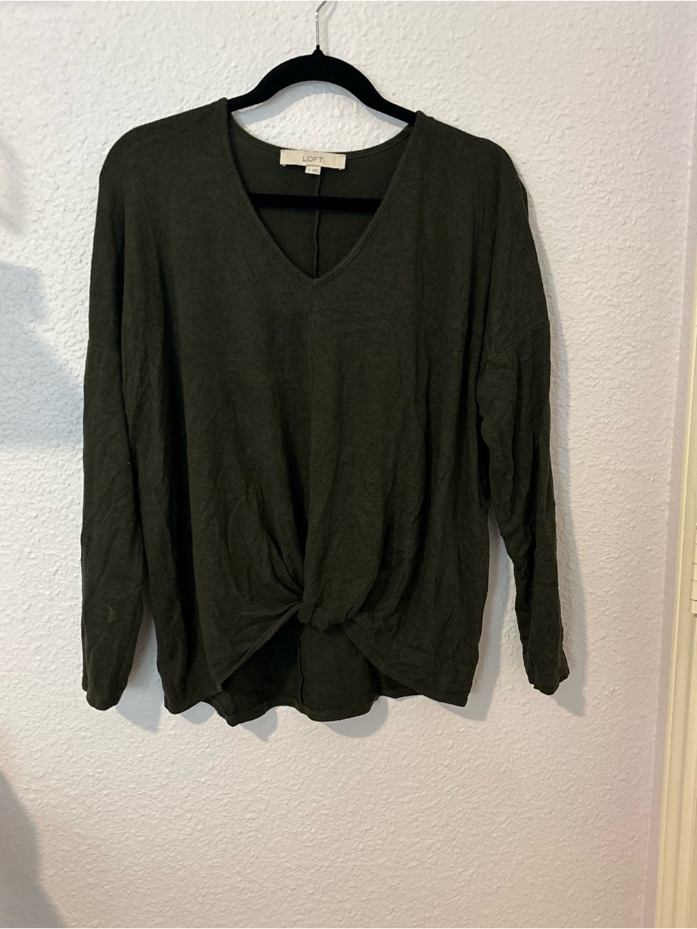 LOFT Dark Olive V-Neck Twist-Front Long Sleeve Top